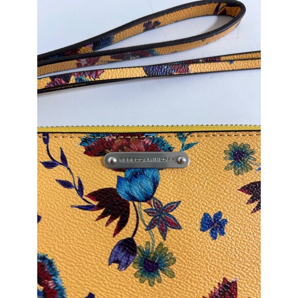 REBECCA MINKOFF Leather CLUTCH Yellow Blue Floral Wallet Credit Card Wristlet - Picture 10 of 11